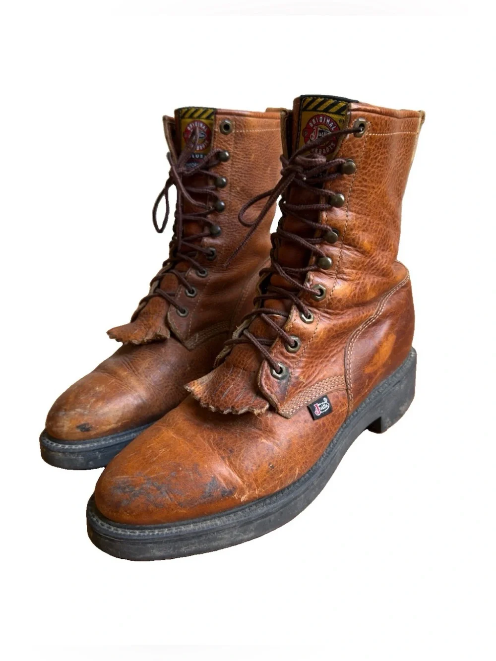 Vintage Justin Original Work Boots 0762 SZ 10D Made in USA Leather Kiltie Lacer